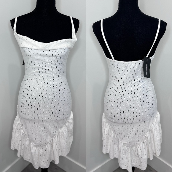 Pretty Little Things White Broderie Cowl Neck Frill Hem Bodycon Dress (sz 6) - Picture 2 of 12